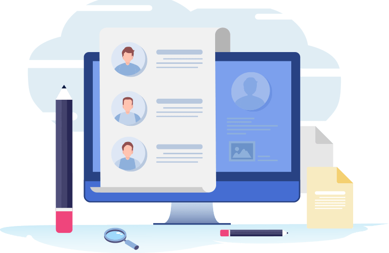 Illustration: profiles and documents on a desktop